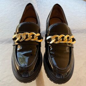INC International Concepts Black Patent Loafers with Gold Chain Detail